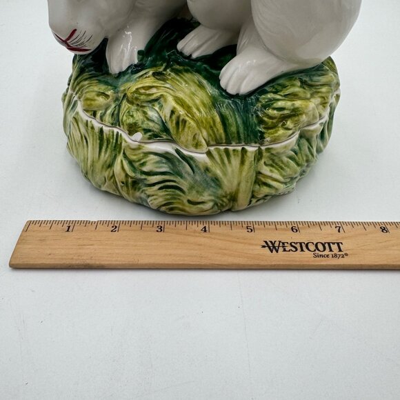 Pair of Bunny on top an  ITALIAN CACHEPOT Easter spring large read white green - Picture 13 of 16